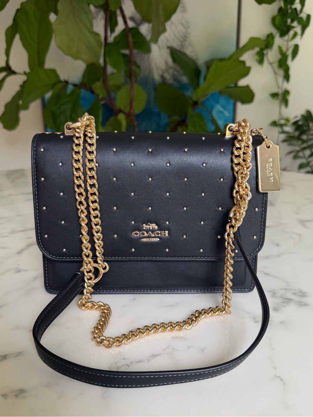 Coach Klare Crossbody Bag with Rivets Black Leather Gold Chain CBH93